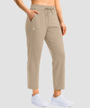 women's stretchy waist with pocket ankle pants in light khaki - pocket detail view