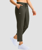 women's stretchy waist with pocket ankle pants in olive green - side view