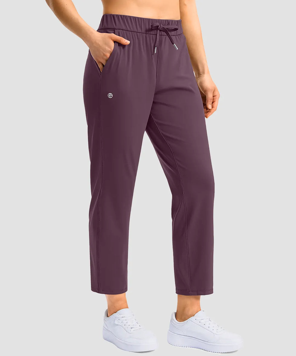 women's stretchy waist with pocket ankle pants in wine - pocket detail view
