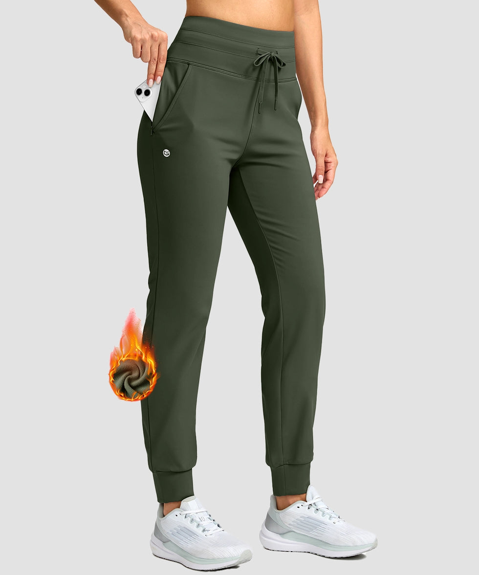 women's ultra high rise fleece-lined joggers in olive green - pocket details view