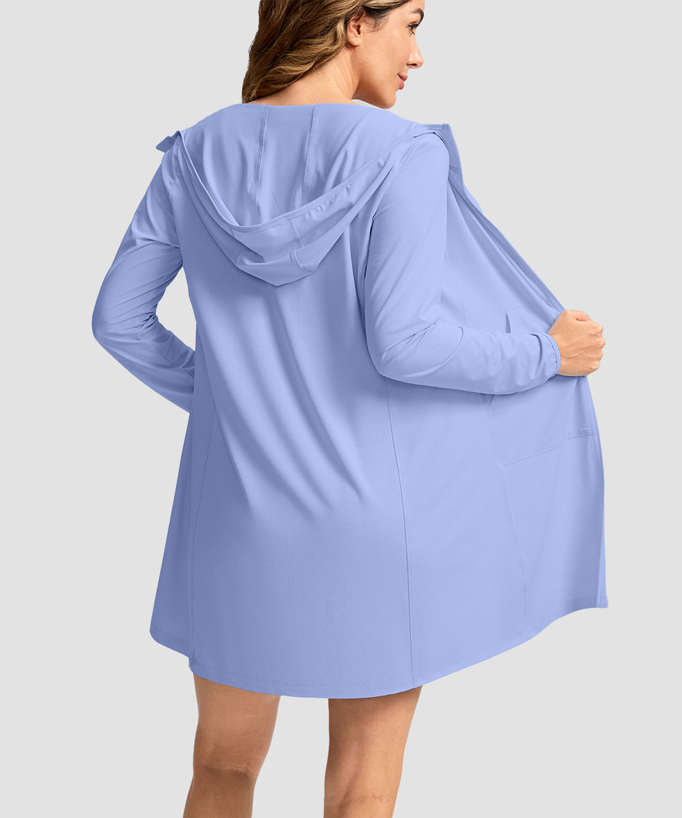 women's uv protection cover-up hoodie in purple blue - back view