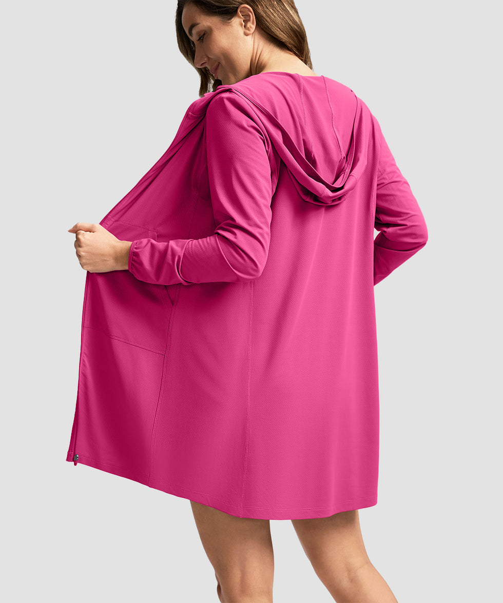 women's uv protection cover-up hoodie in rosy - back view