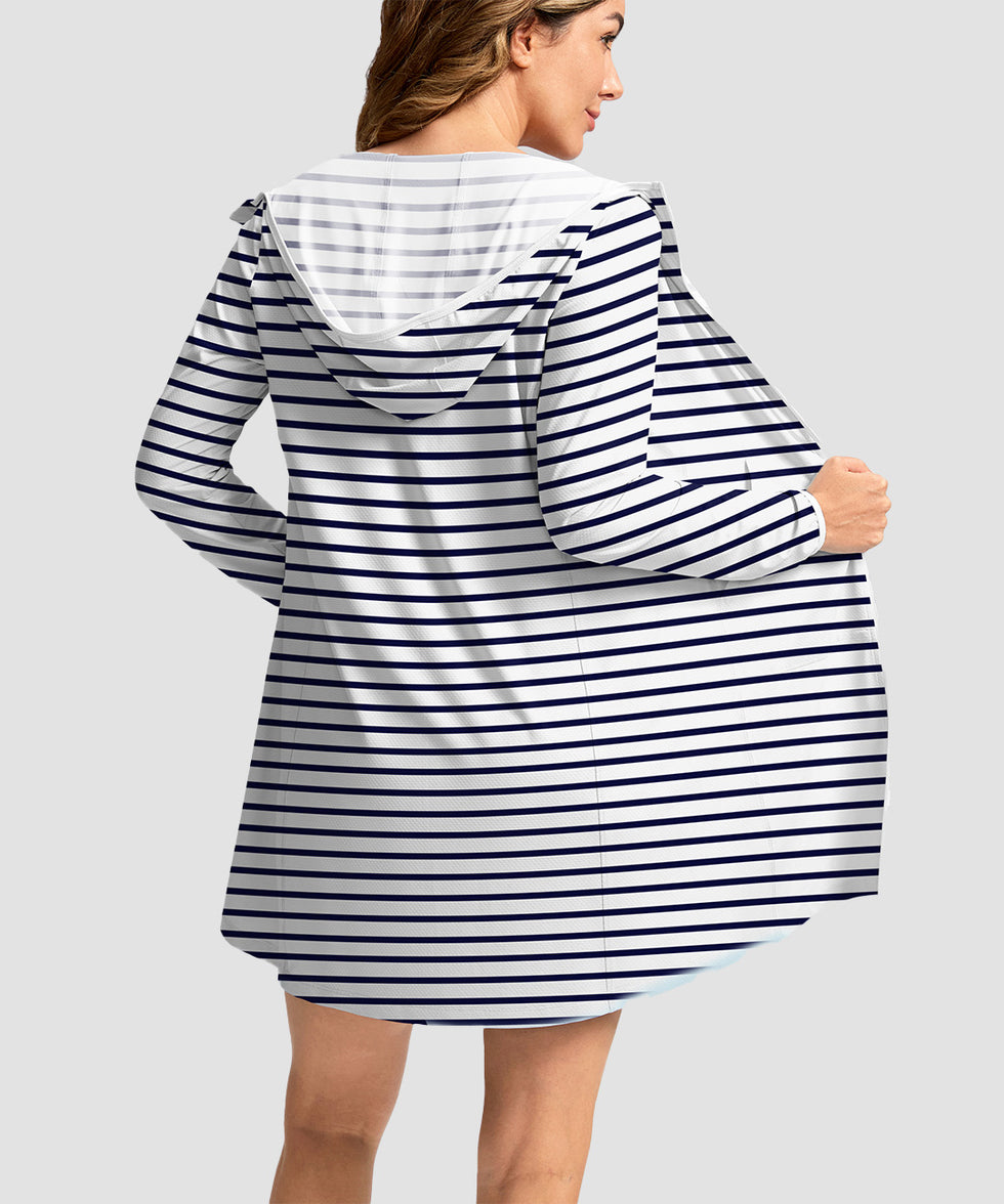 women's uv protection cover-up hoodie in sea striped - back view