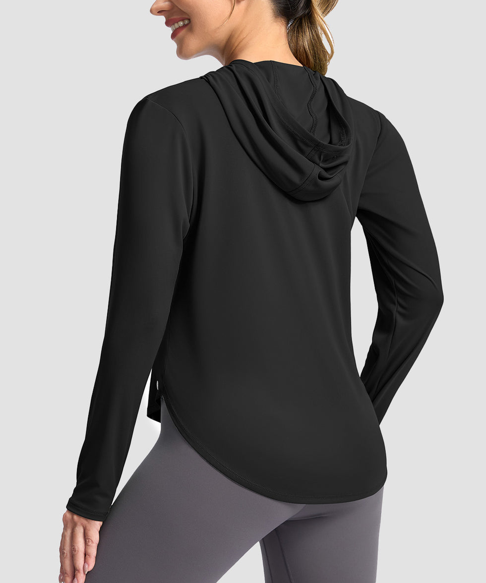 women's uv protection crew neck hoodie in black - back view