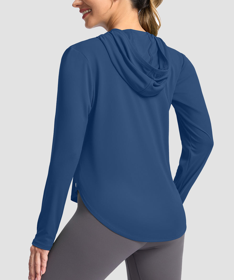 women's uv protection crew neck hoodie in dark blue - back view
