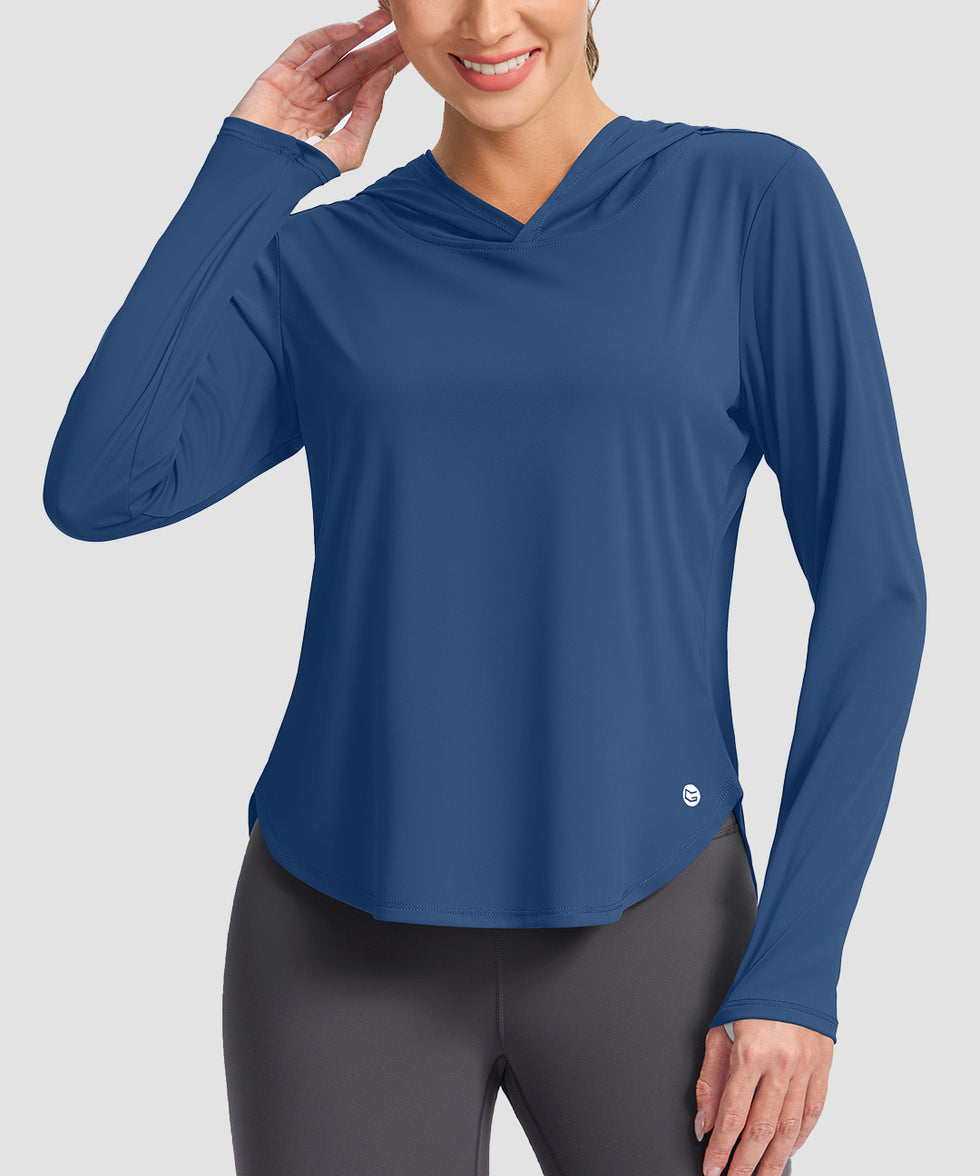 women's uv protection crew neck hoodie in dark blue - front view