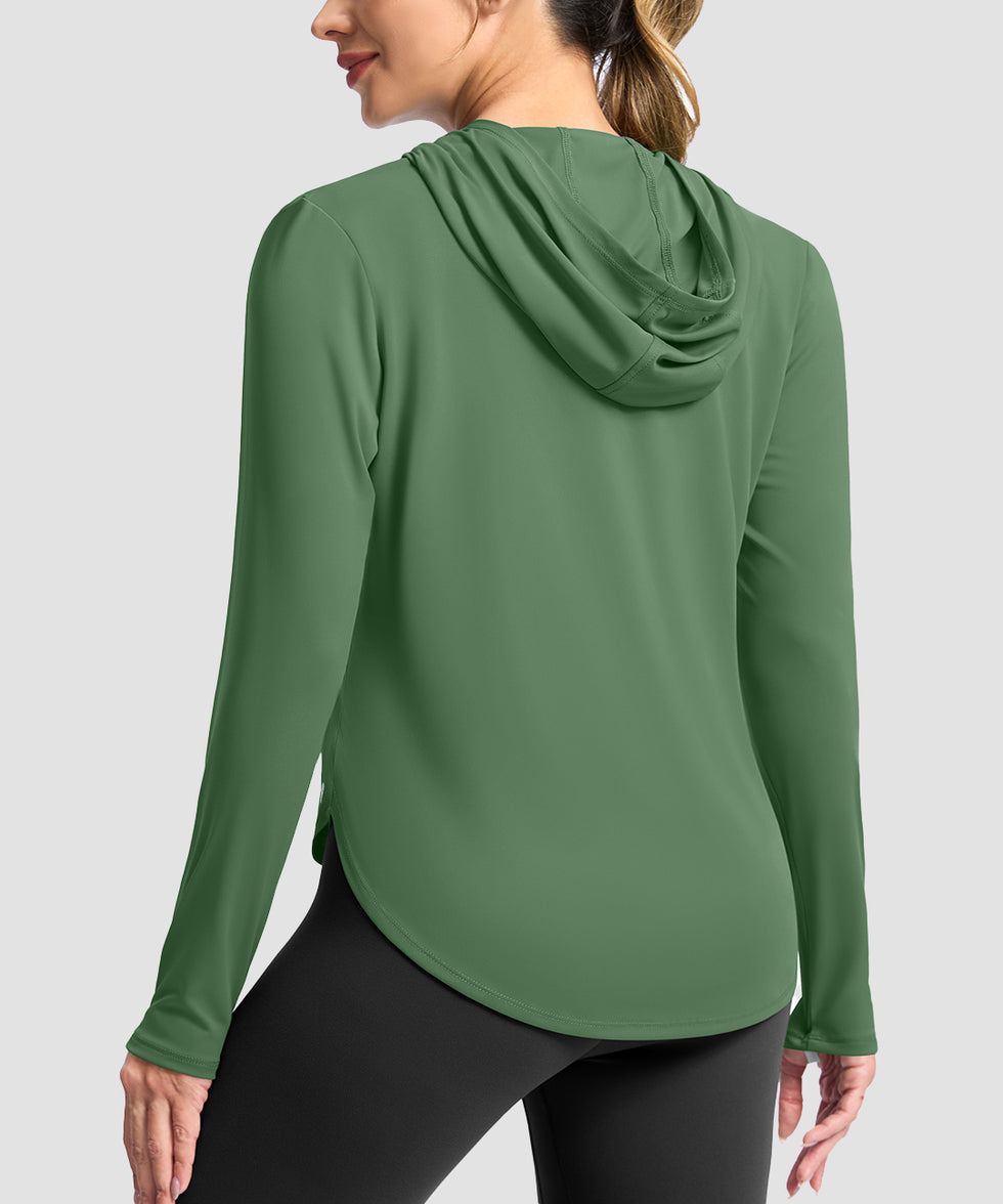 women's uv protection crew neck hoodie in green - back view