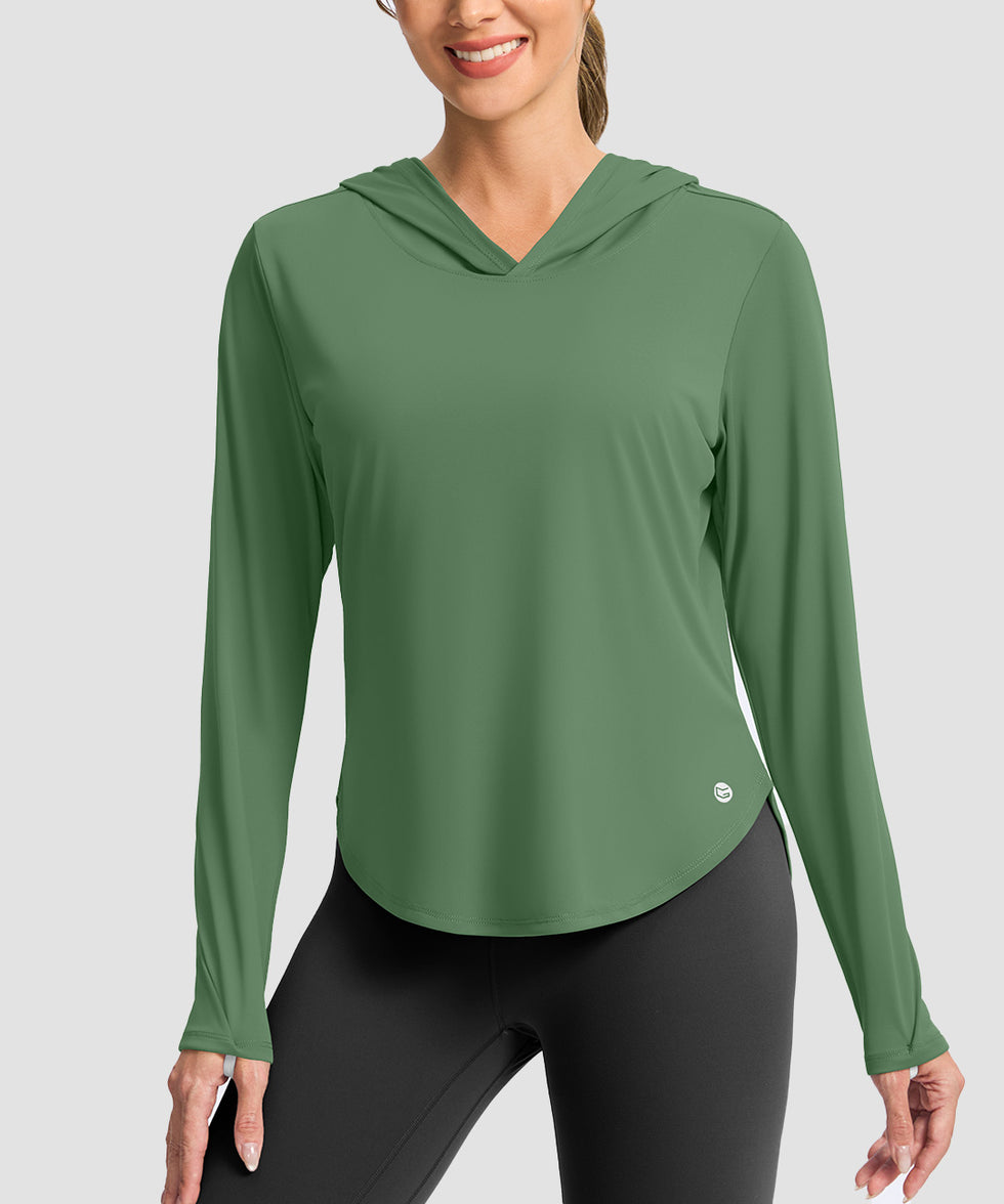 women's uv protection crew neck hoodie in green - front view