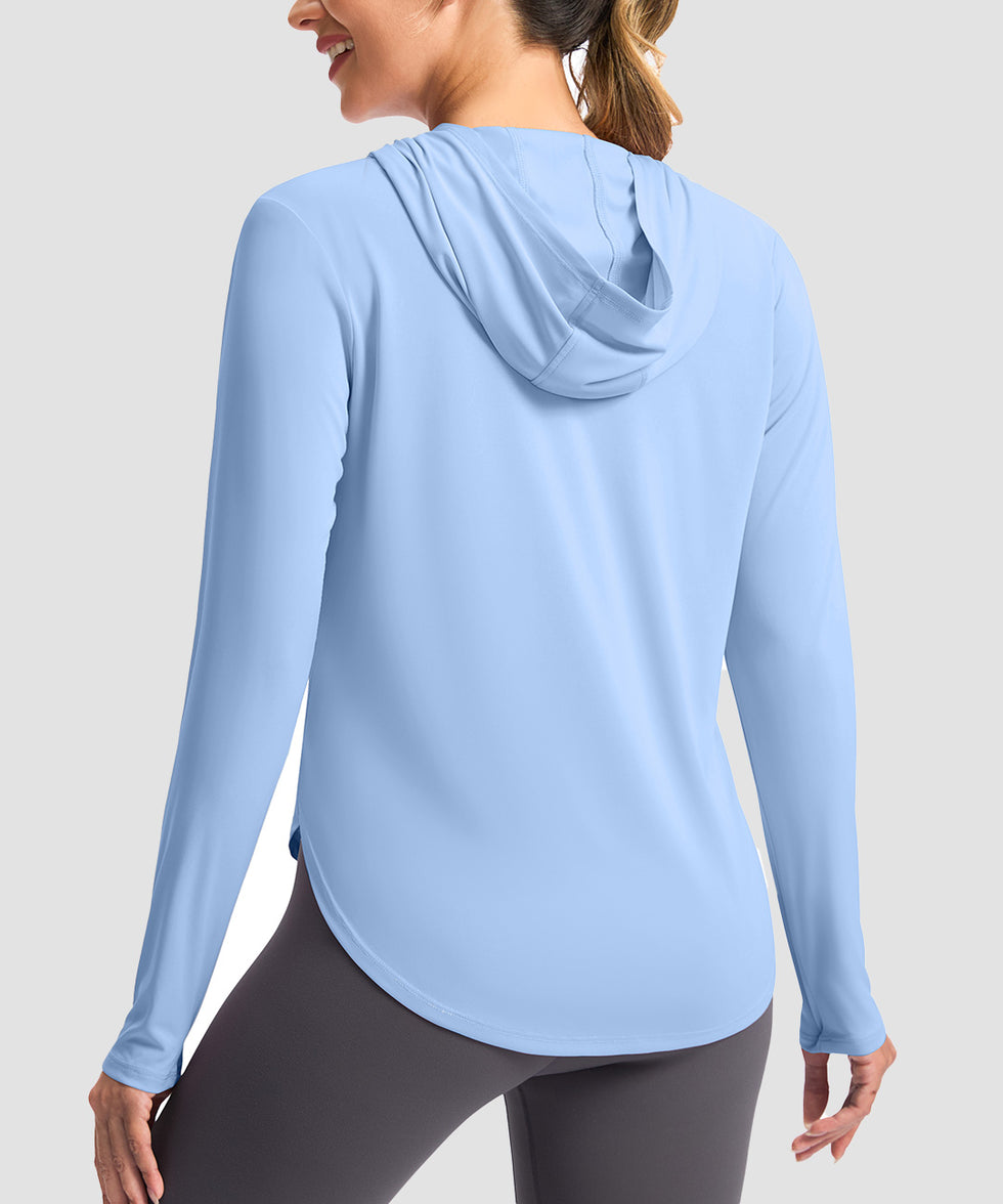 women's uv protection crew neck hoodie in light blue - back view