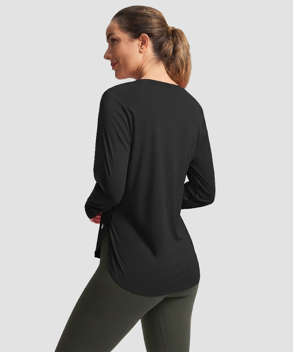 women's uv protection side slit long sleeve in black - back view