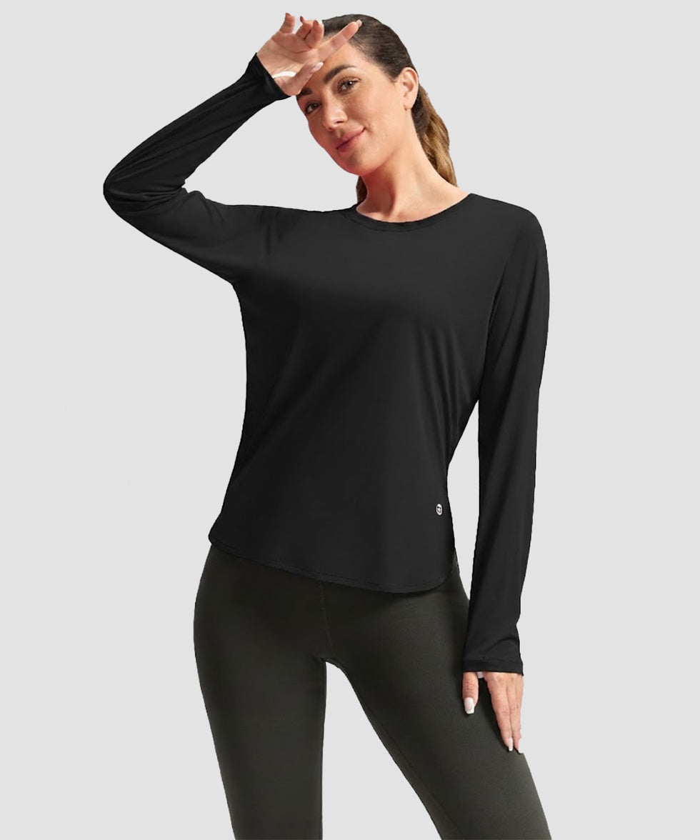 women's uv protection side slit long sleeve in black - side view