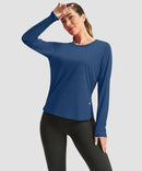 women's uv protection side slit long sleeve in dark blue - side view