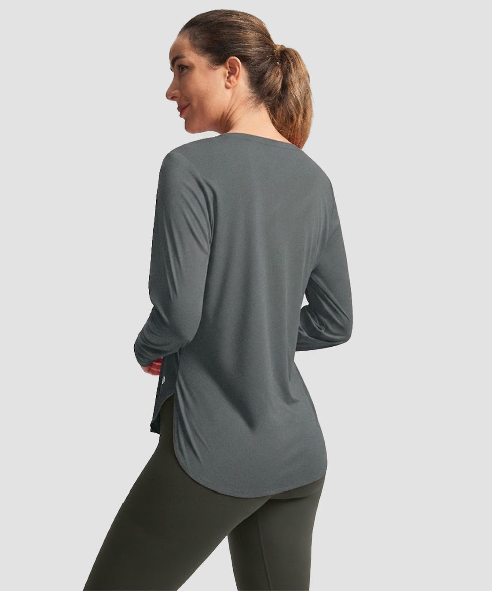 women's uv protection side slit long sleeve in dark gray - back view