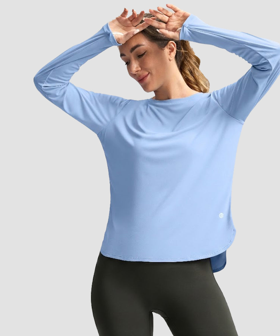 women's uv protection side slit long sleeve in light blue - front view