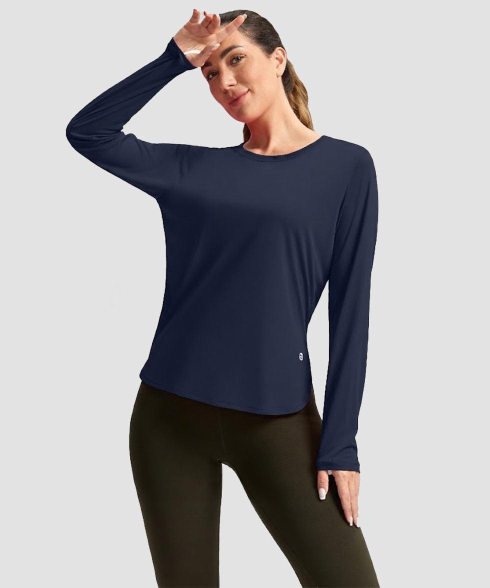 women's uv protection side slit long sleeve in navy - front view