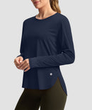 women's uv protection side slit long sleeve in navy - side view
