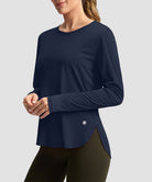 women's uv protection side slit long sleeve in navy - side view