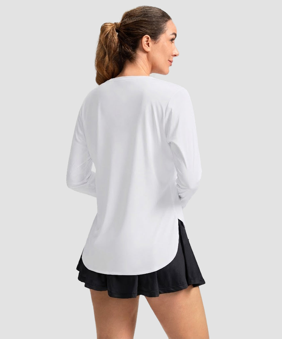 women's uv protection side slit long sleeve in white - back view