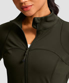 women's zip-up slim fit hip length jacket in army green - back view