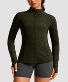 women's zip-up slim fit hip length jacket in army green - front view