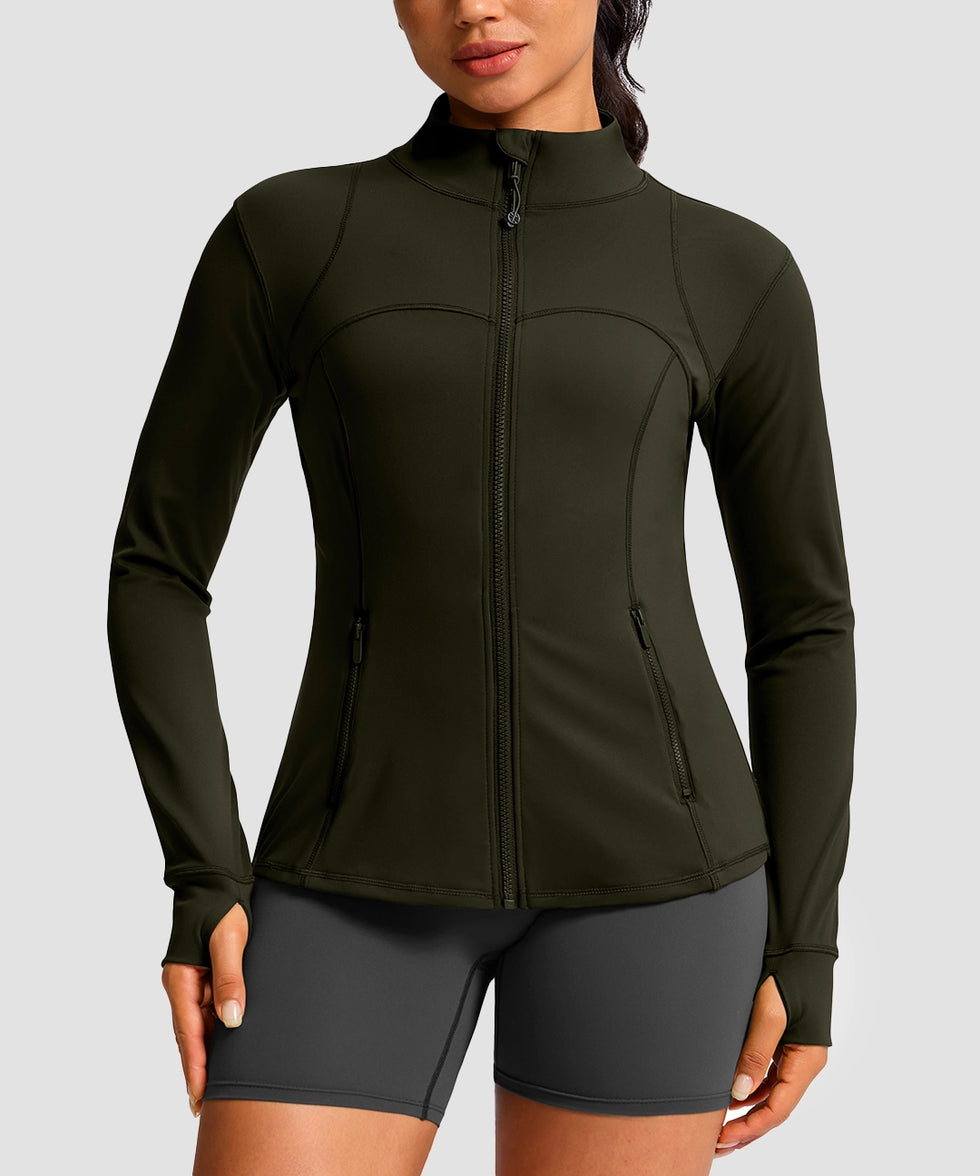 women's zip-up slim fit hip length jacket in army green - front view
