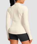 women's zip-up slim fit hip length jacket in beige - back view