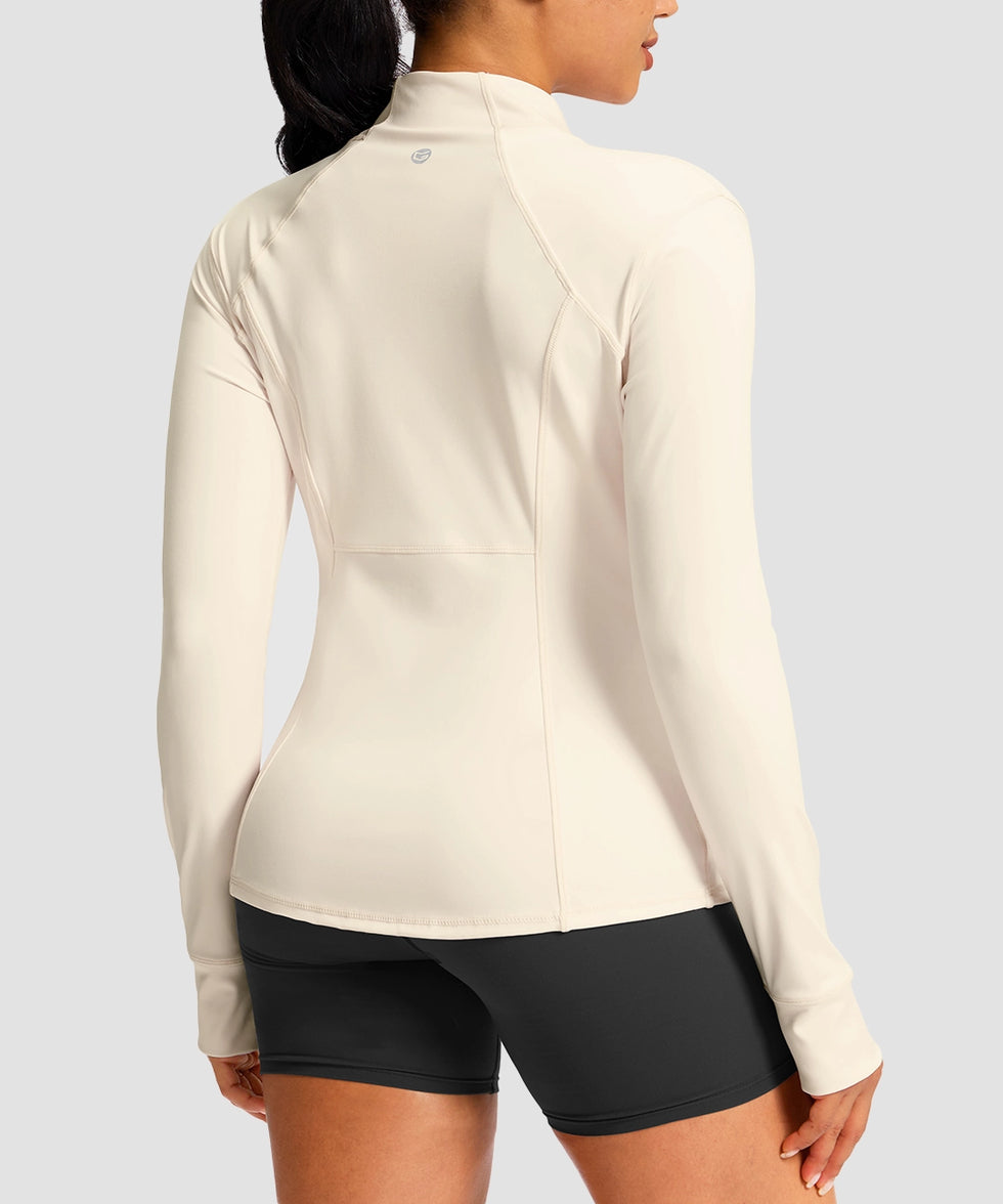 women's zip-up slim fit hip length jacket in beige - back view