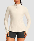 women's zip-up slim fit hip length jacket in beige - front view