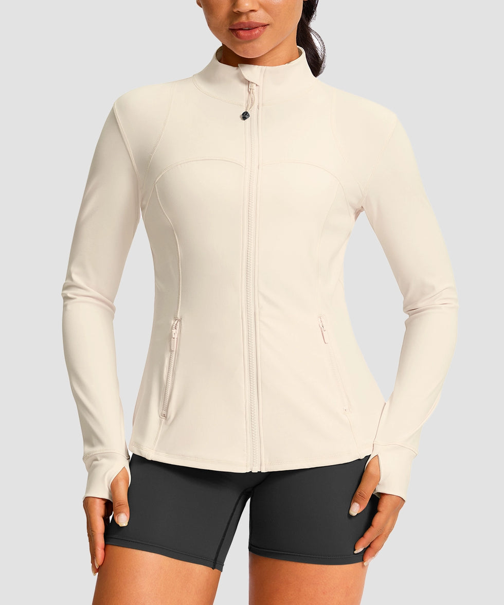 women's zip-up slim fit hip length jacket in beige - front view
