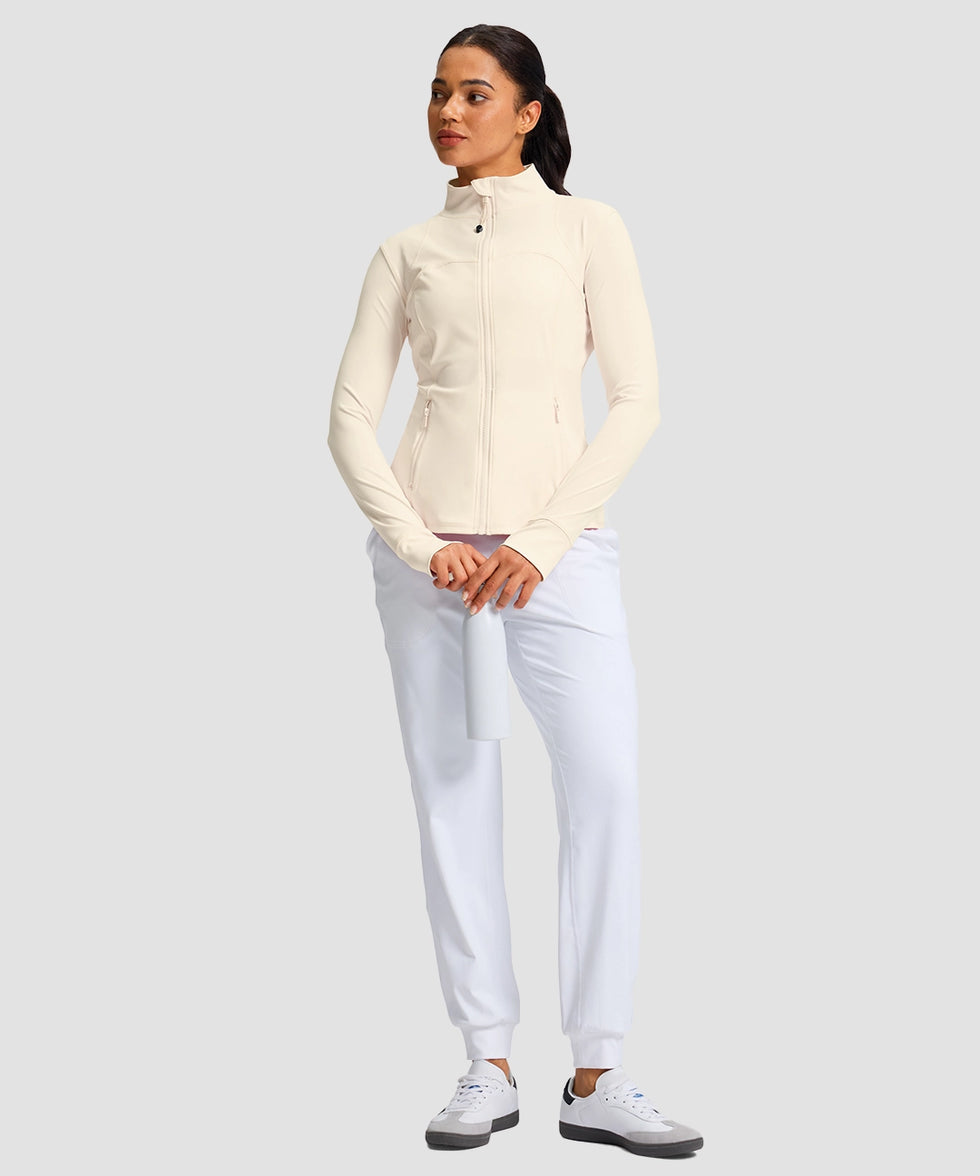 women's zip-up slim fit hip length jacket in beige - matching outfits view