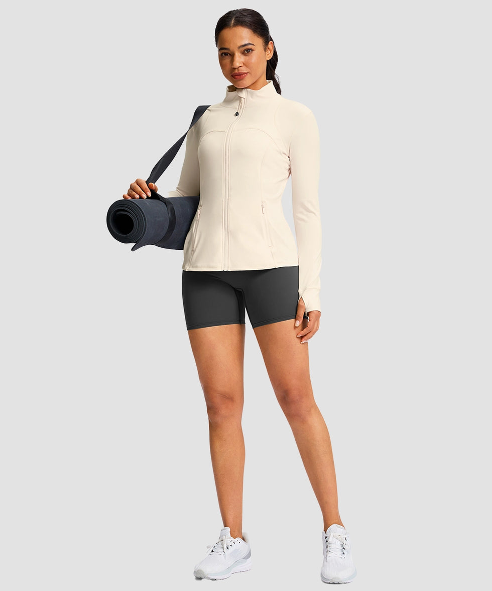 women's zip-up slim fit hip length jacket in beige - side view