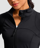 women's zip-up slim fit hip length jacket in black - collar detail view