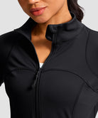 women's zip-up slim fit hip length jacket in black - collar detail view