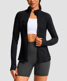 women's zip-up slim fit hip length jacket in black - front view