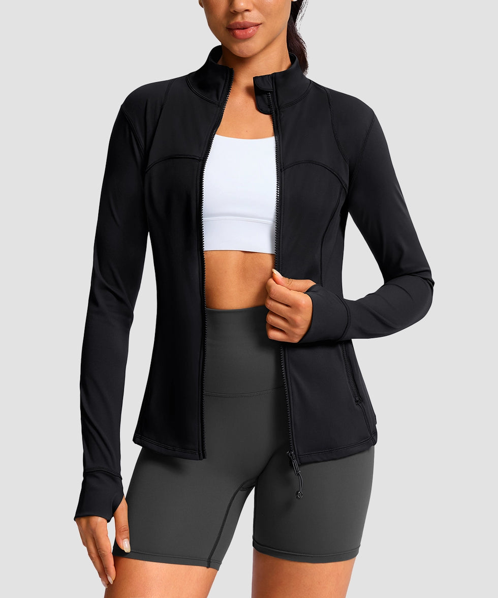 women's zip-up slim fit hip length jacket in black - front view