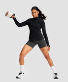 women's zip-up slim fit hip length jacket in black - side view
