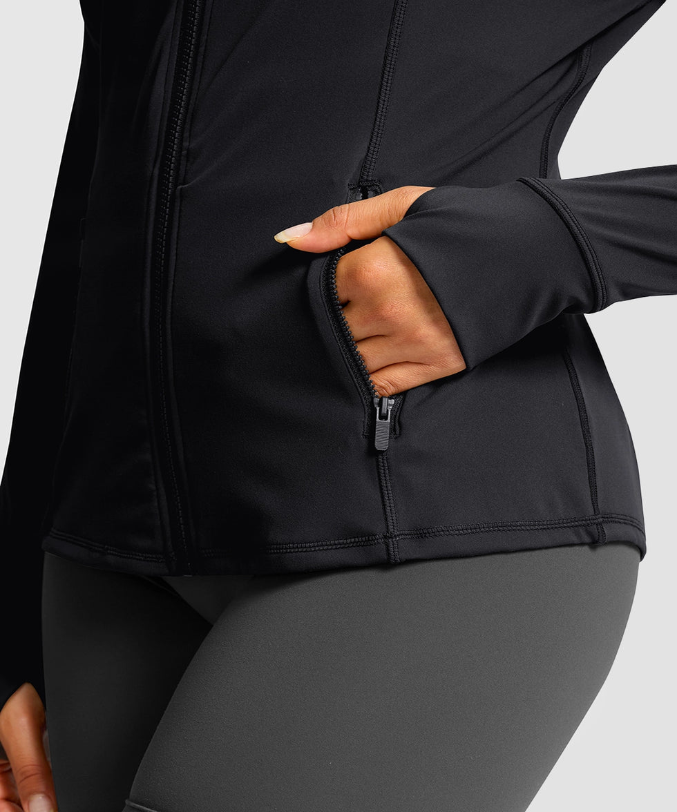 women's zip-up slim fit hip length jacket in black - zipper pocket detail view