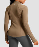 women's zip-up slim fit hip length jacket in coffee - back view
