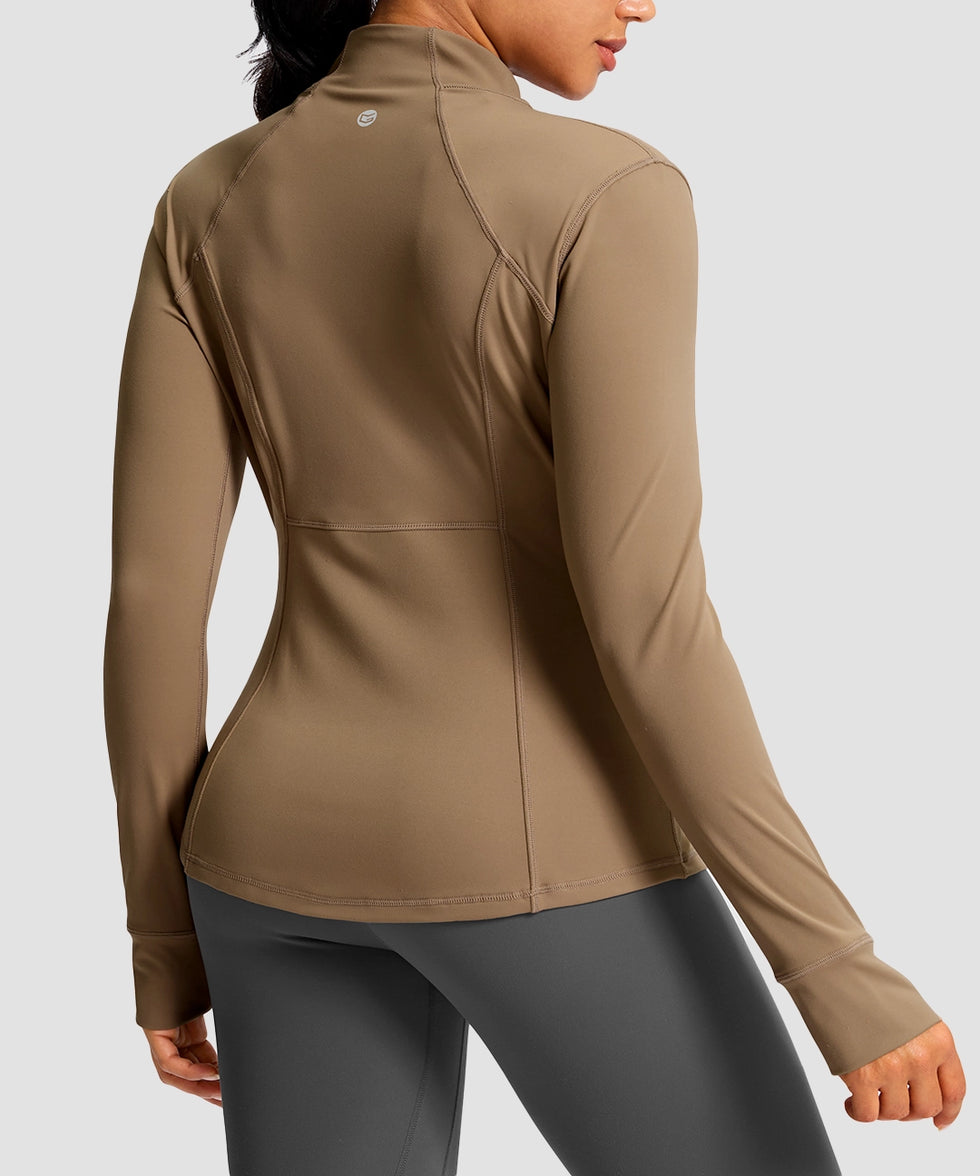 women's zip-up slim fit hip length jacket in coffee - back view
