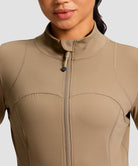 women's zip-up slim fit hip length jacket in coffee - collar detail view