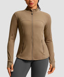 women's zip-up slim fit hip length jacket in coffee - front view