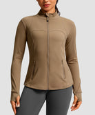 women's zip-up slim fit hip length jacket in coffee - front view
