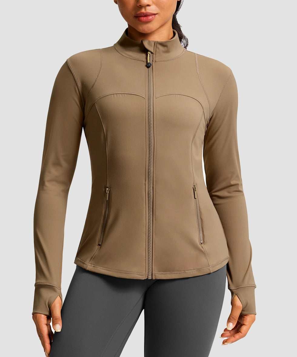 women's zip-up slim fit hip length jacket in coffee - front view