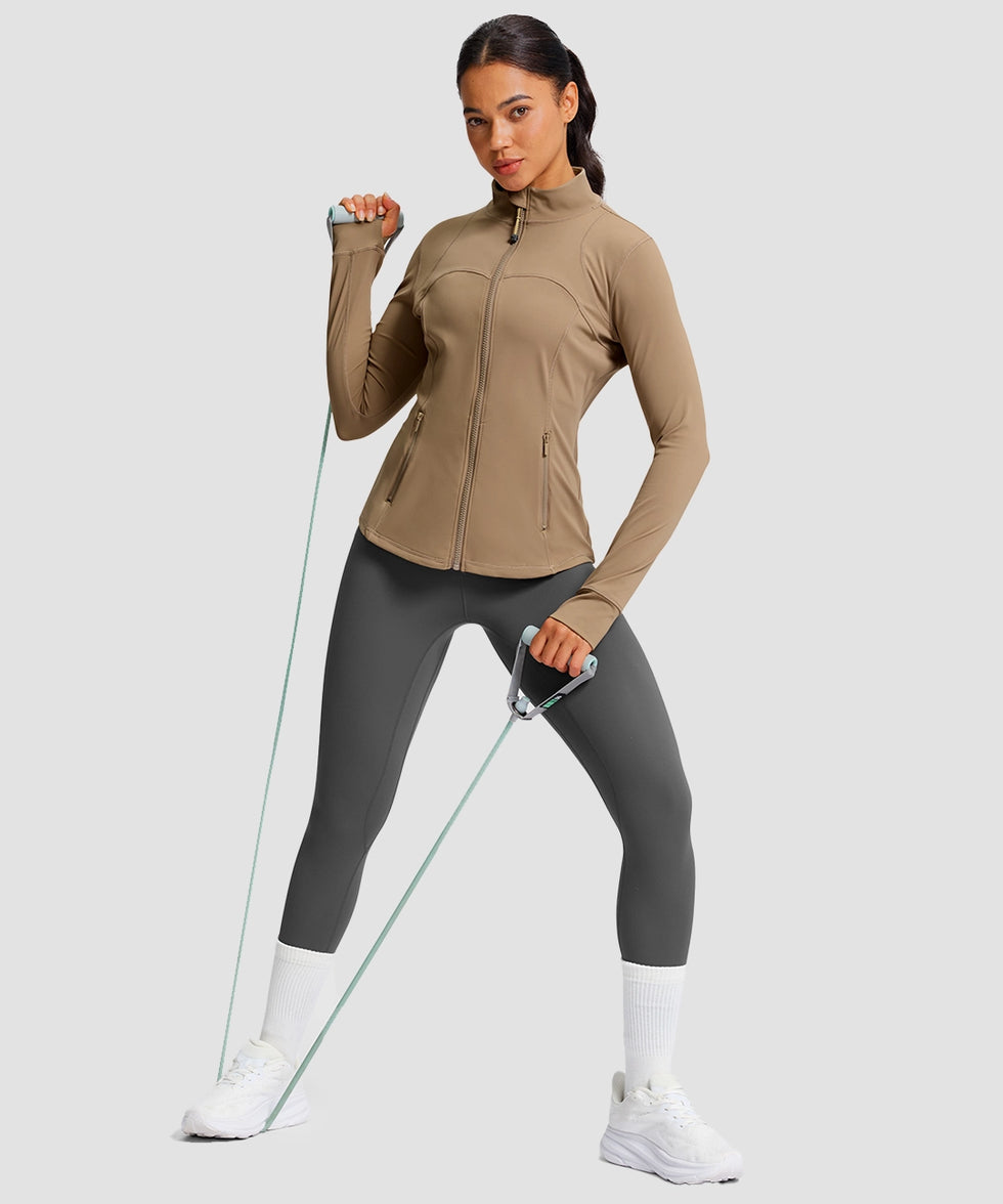 women's zip-up slim fit hip length jacket in coffee - side view