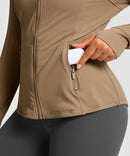 women's zip-up slim fit hip length jacket in coffee - zipper pocket detail view
