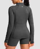 women's zip-up slim fit hip length jacket in dark gray - back view