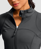 women's zip-up slim fit hip length jacket in dark gray - collar detail view