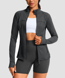 women's zip-up slim fit hip length jacket in dark gray - front view