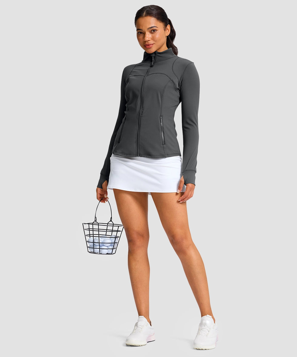 women's zip-up slim fit hip length jacket in dark gray - side view
