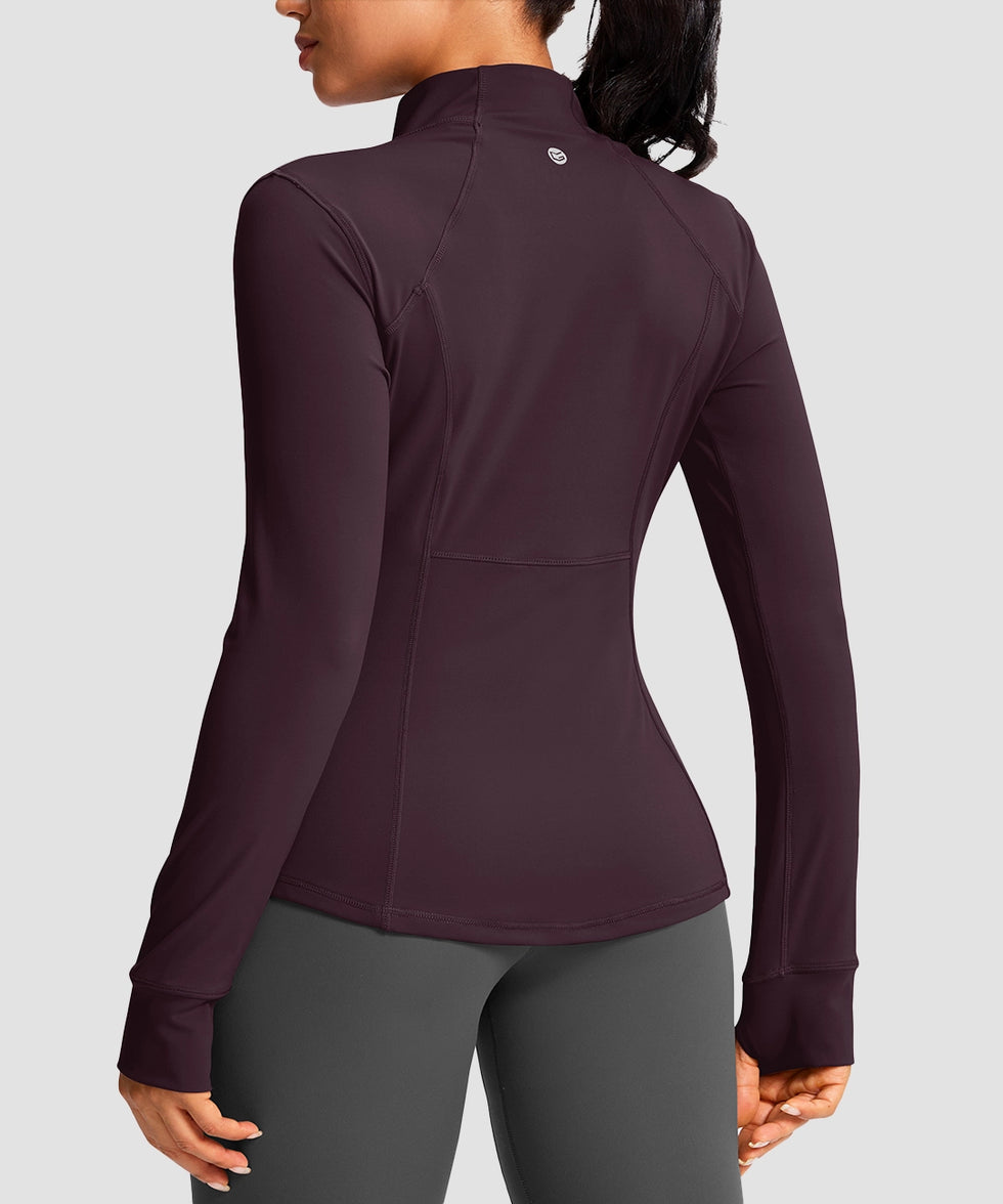 women's zip-up slim fit hip length jacket in deep purple - back view